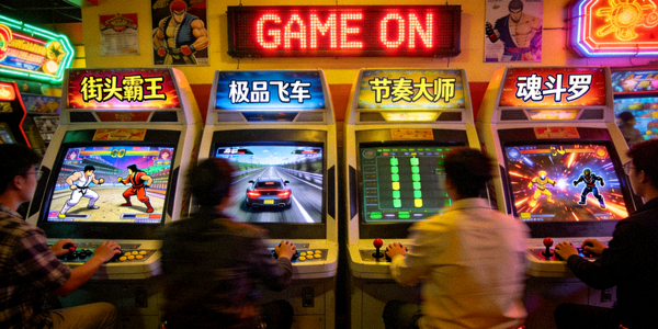 展示多种街机游戏类型同框的照片，包括格斗、赛车、音乐和射击游戏