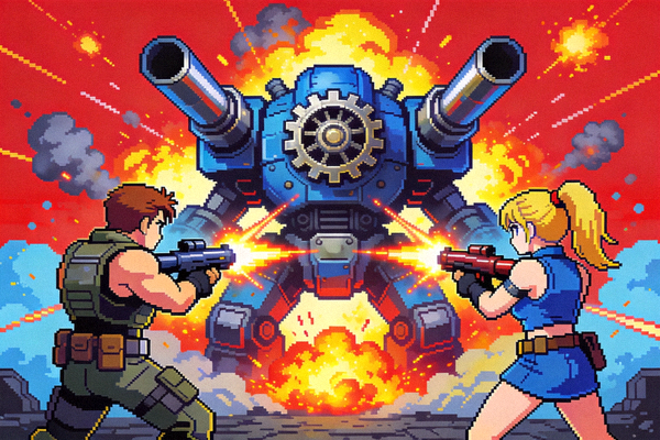《合金弹头》系列游戏合作画面，两名角色正在对抗大型BOSS